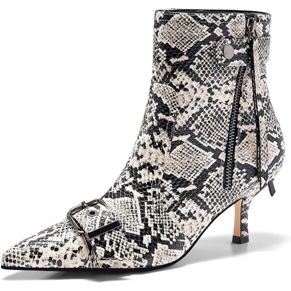 ⚡Women's Snake Skin Kitten Heel Ankle Boot Pointed Toe Buckle Side Zipper Tassel - Picture 3 of 5